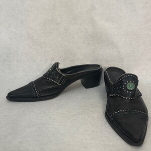 Franco Sarto Black Leather Mules with Green Detail